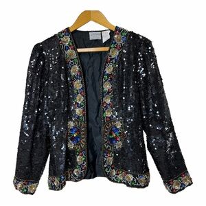 Sequin Beaded Jacket S Black Silk Floral Maximalist Vintage Stenay Whimsigoth